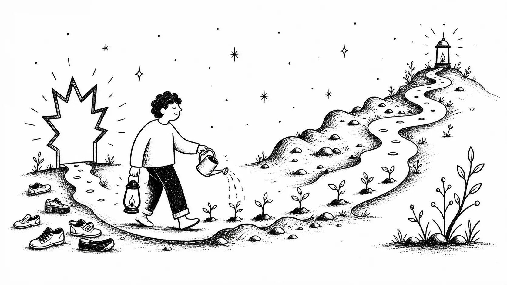 Editorial illustration for the article "Starting is Easy, Continuing is Not (Heres Why)" in Personal Growth & Self-Improvement.