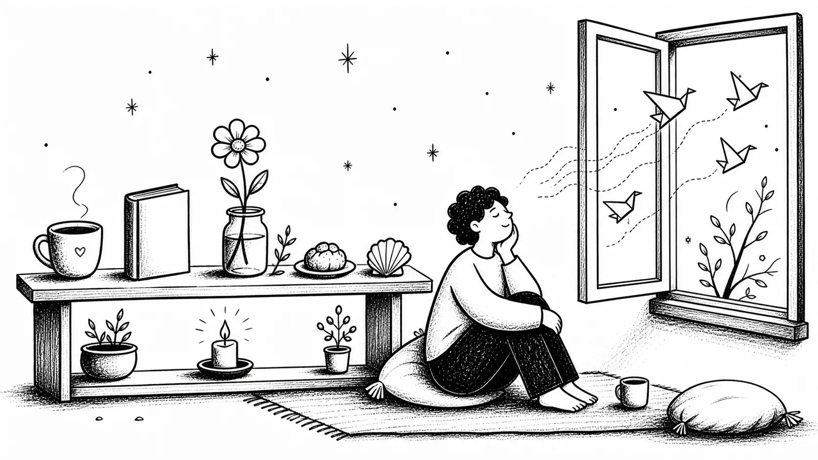 Editorial illustration for the article "100+ Simple Pleasures of my life that I enjoy the most" in Lifestyle, Travel & Personal Reflections.