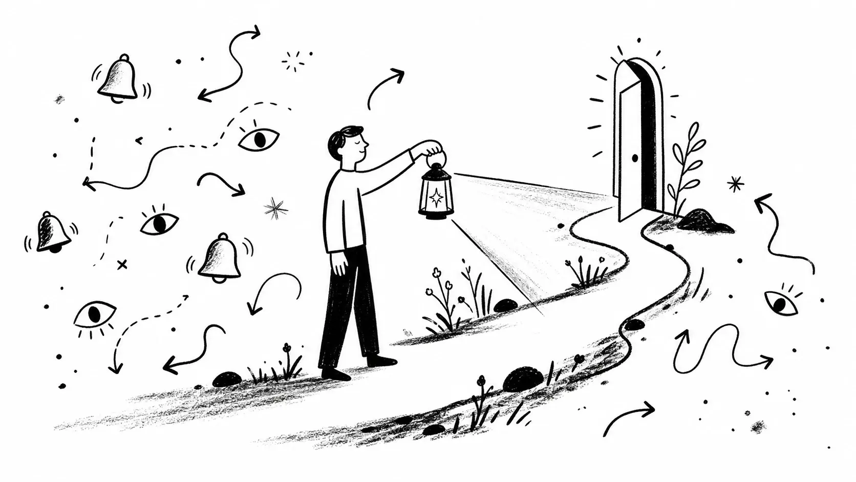 Editorial illustration for the article "A Clear-cut Guide to Attention Management" in Productivity, Focus & Learning Skills.