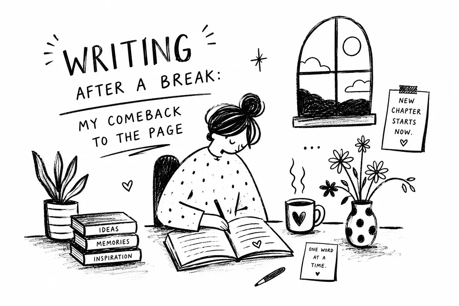 Open notebook and coffee mug on a journal , symbolizing writing after a break and gentle creative return.
